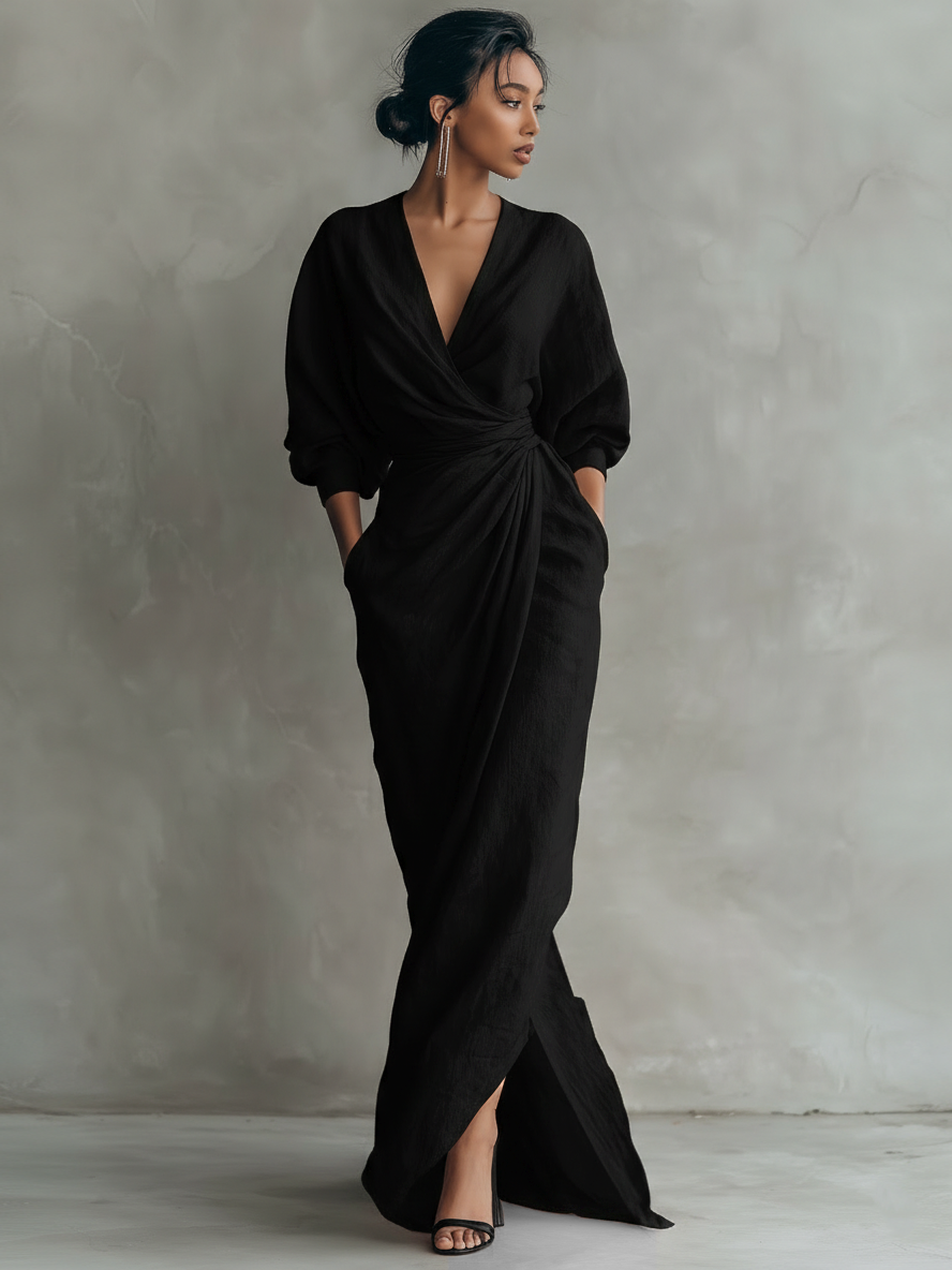 Taylor – Maxi minimalist dress in pink with a V-neck, made from a linen blend for women
