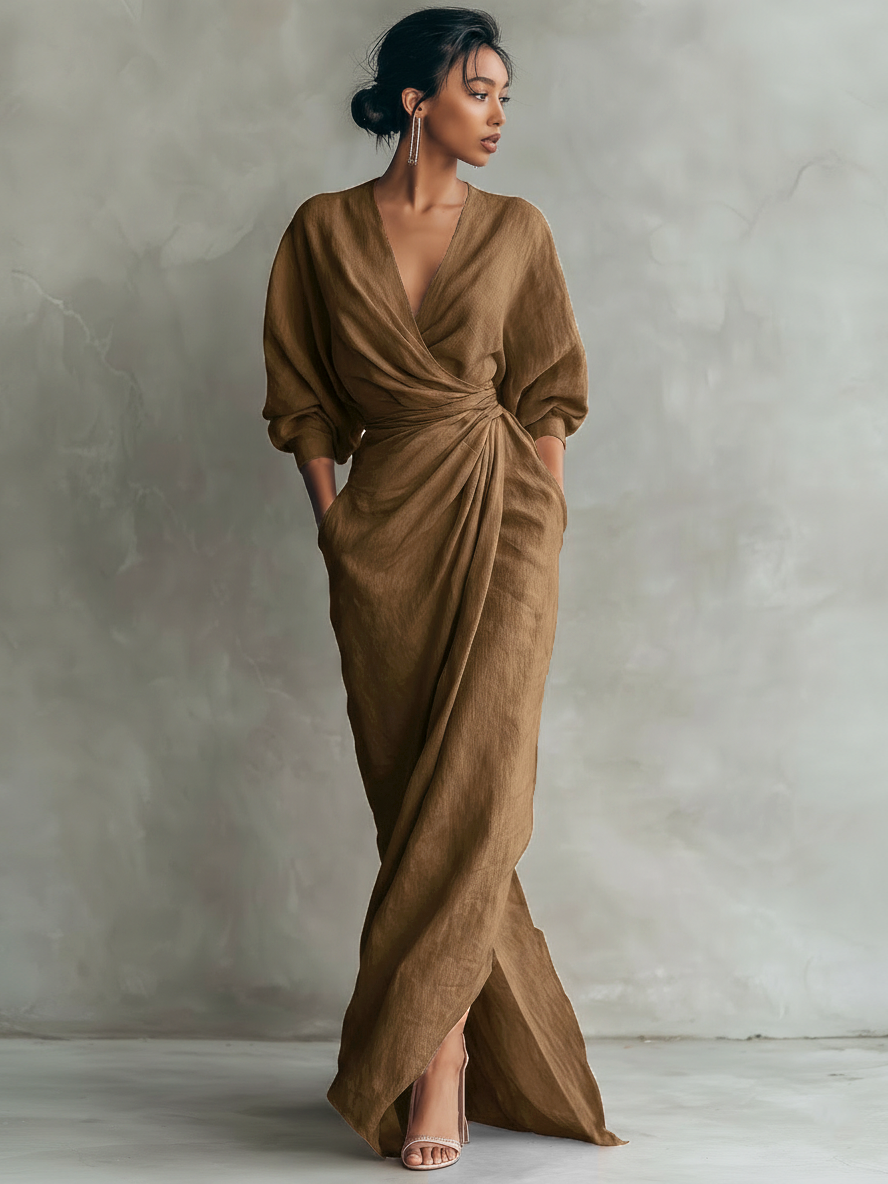 Pink linen V-neck maxi dress