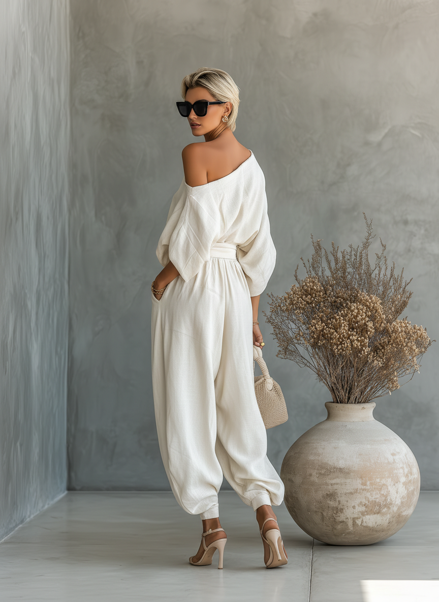 Linen off-shoulder trouser set