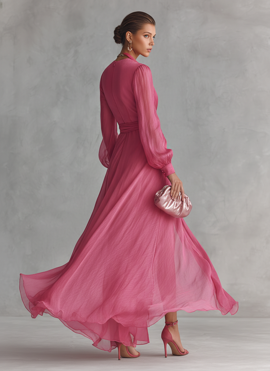 Pink chiffon V-neck dress