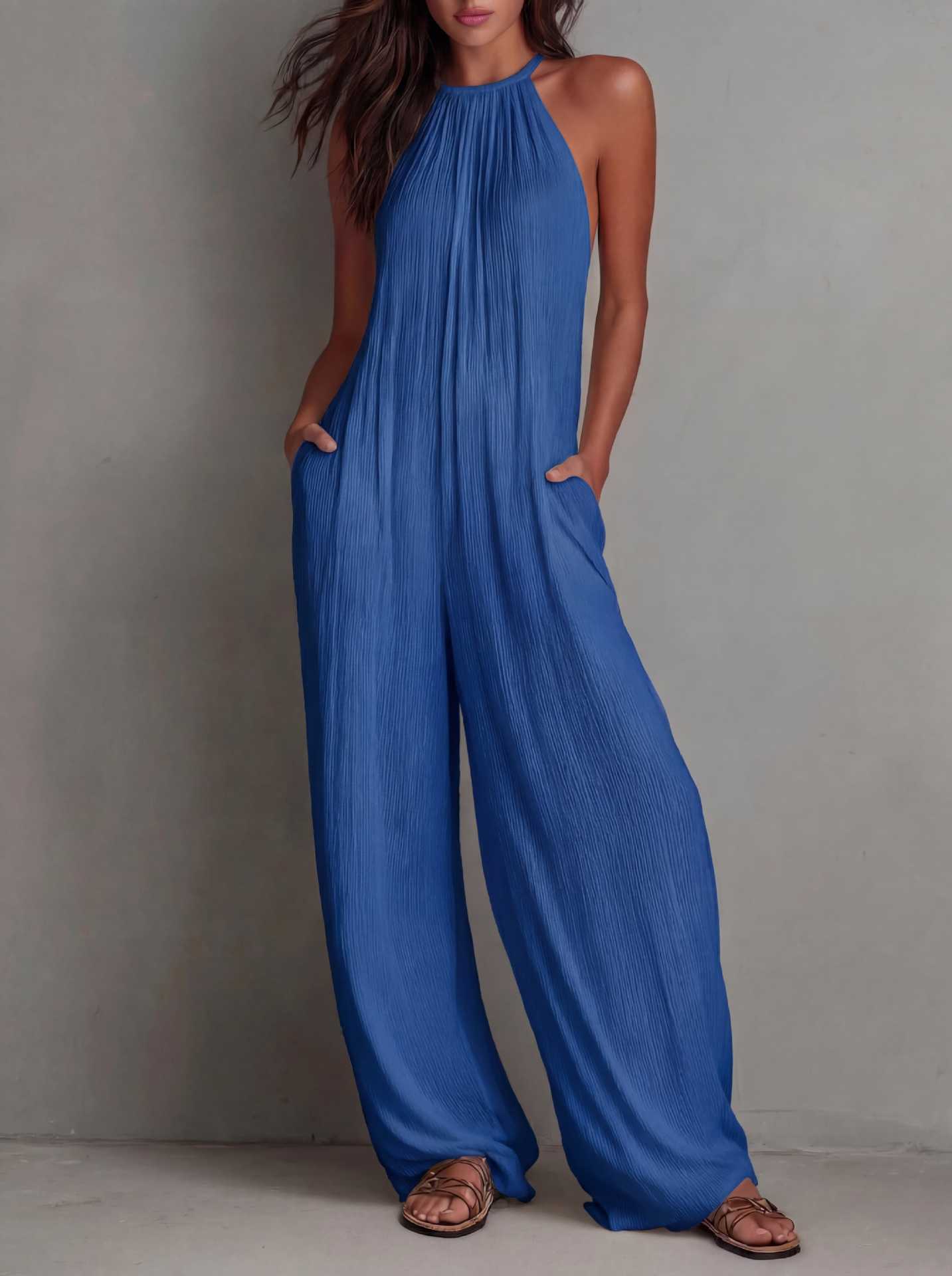 Pleated Resort-Style Jumpsuit with Open Back and Wide-Leg Trousers