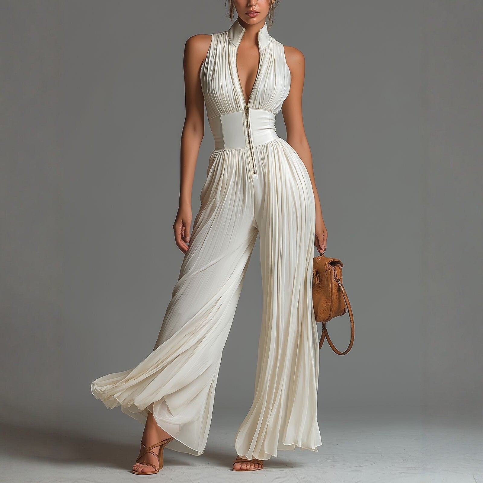 White Sleeveless Chiffon Jumpsuit with V-Neck, Zip Fastening and Pleated Wide-Leg Trousers