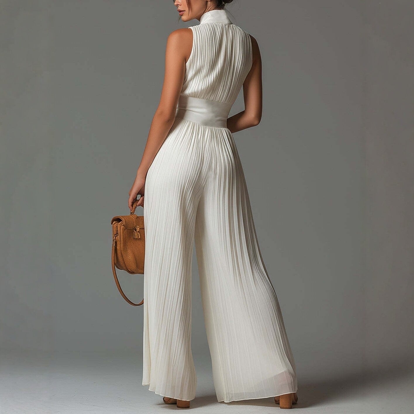 White Sleeveless Chiffon Jumpsuit with V-Neck, Zip Fastening and Pleated Wide-Leg Trousers