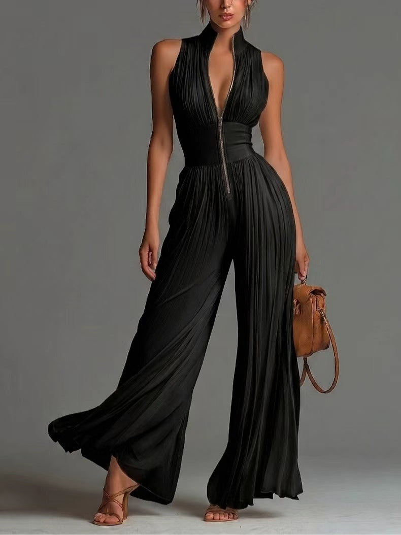 White Sleeveless Chiffon Jumpsuit with V-Neck, Zip Fastening and Pleated Wide-Leg Trousers