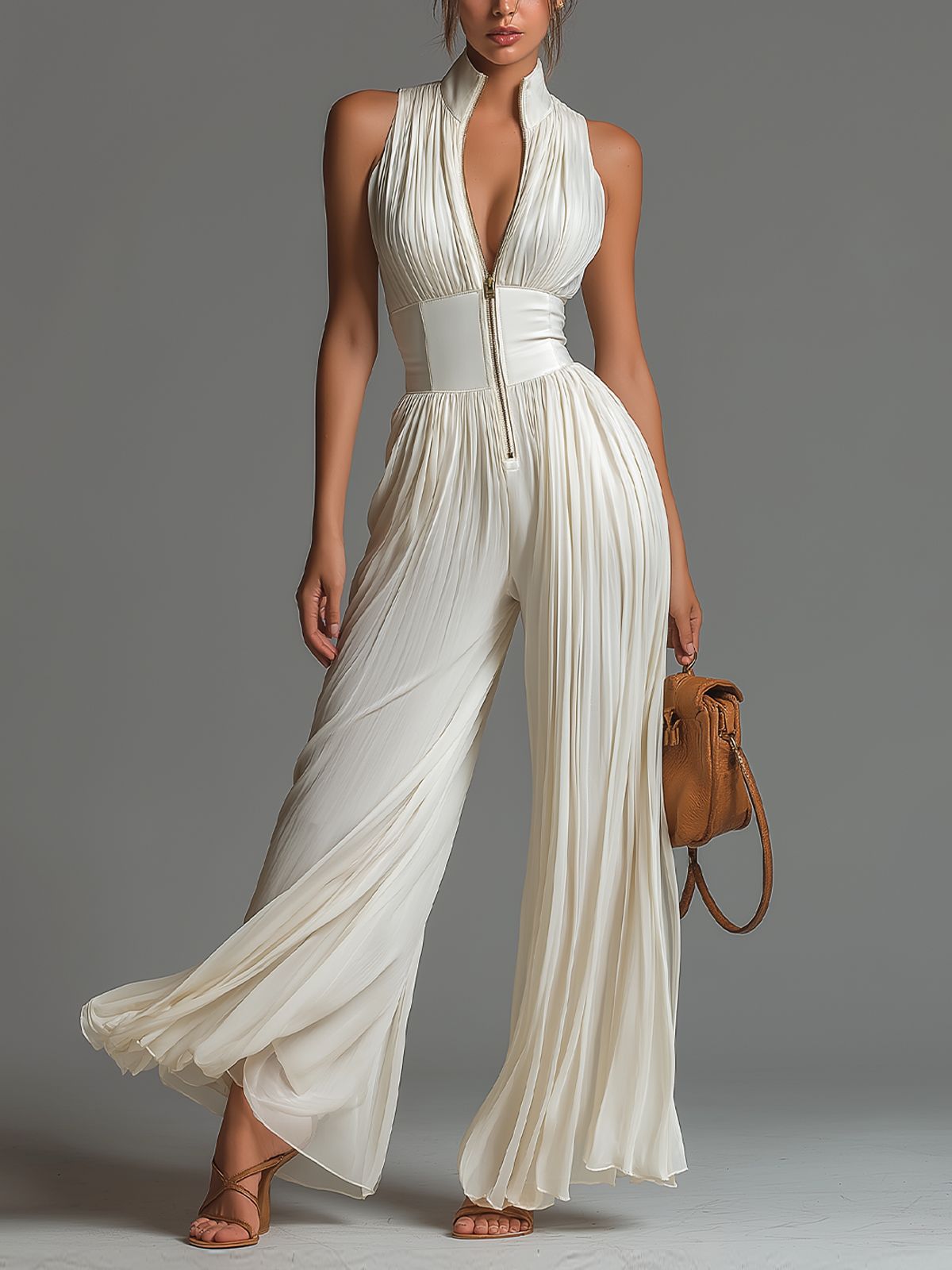 White Sleeveless Chiffon Jumpsuit with V-Neck, Zip Fastening and Pleated Wide-Leg Trousers