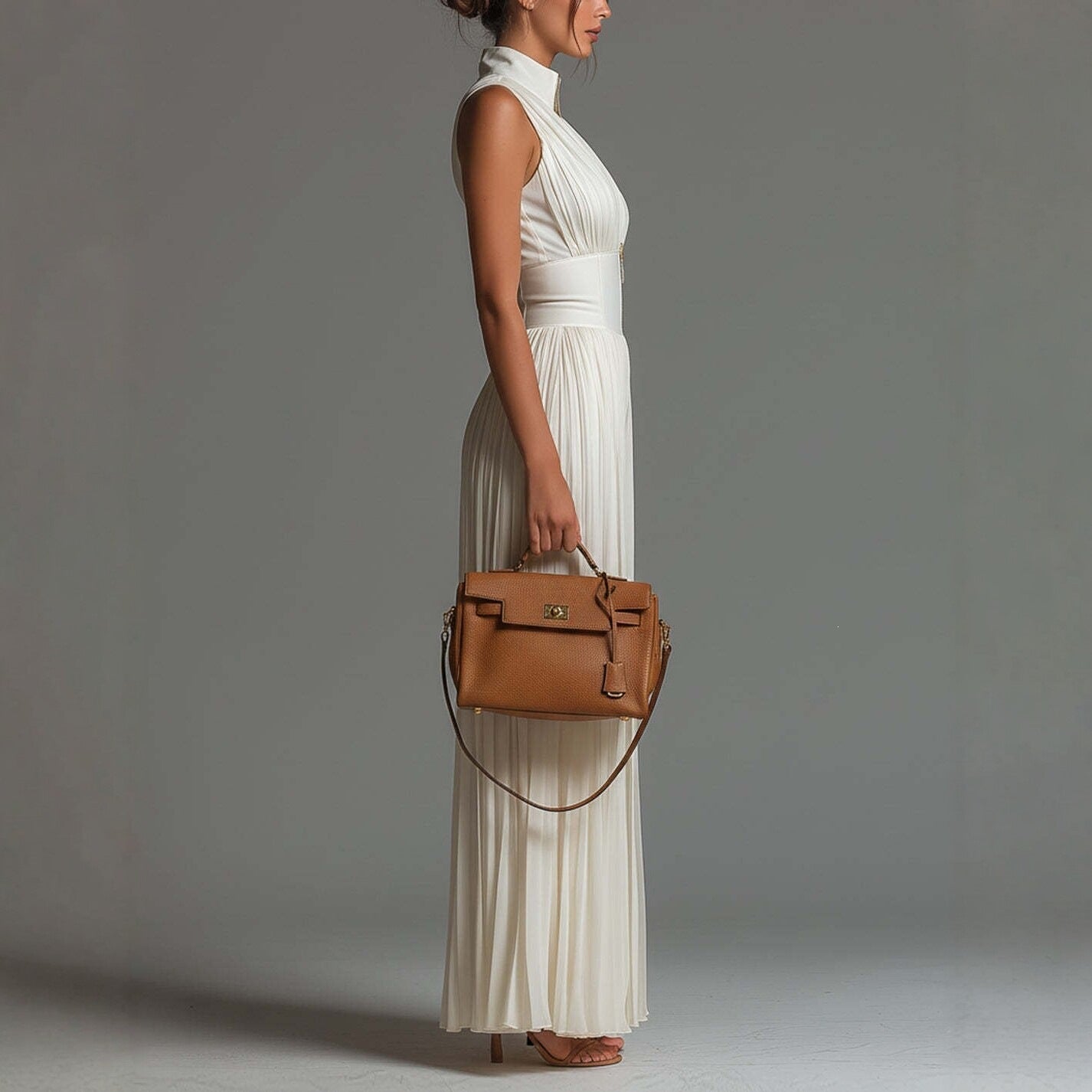 White Sleeveless Chiffon Jumpsuit with V-Neck, Zip Fastening and Pleated Wide-Leg Trousers
