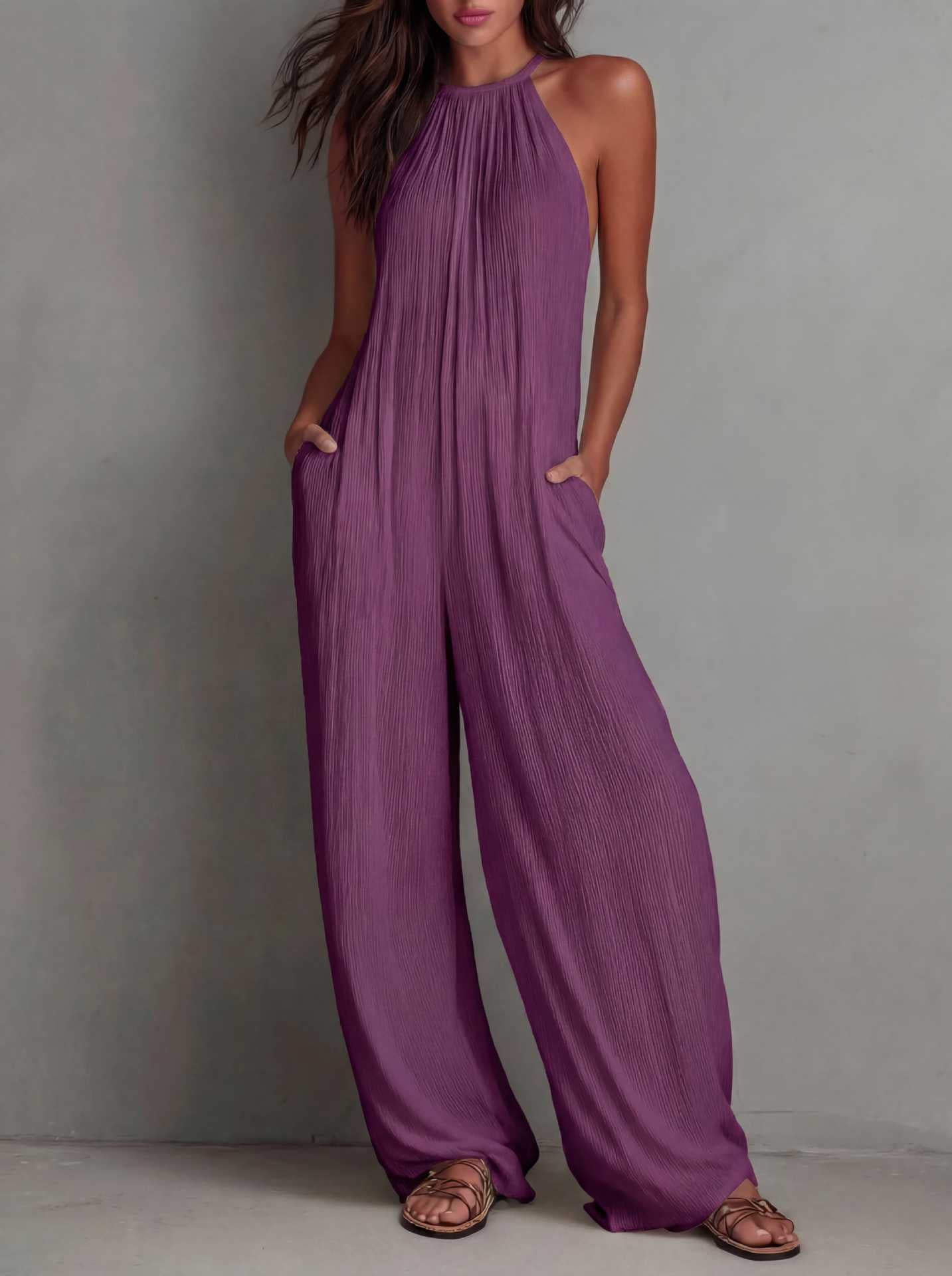 Pleated Resort-Style Jumpsuit with Open Back and Wide-Leg Trousers