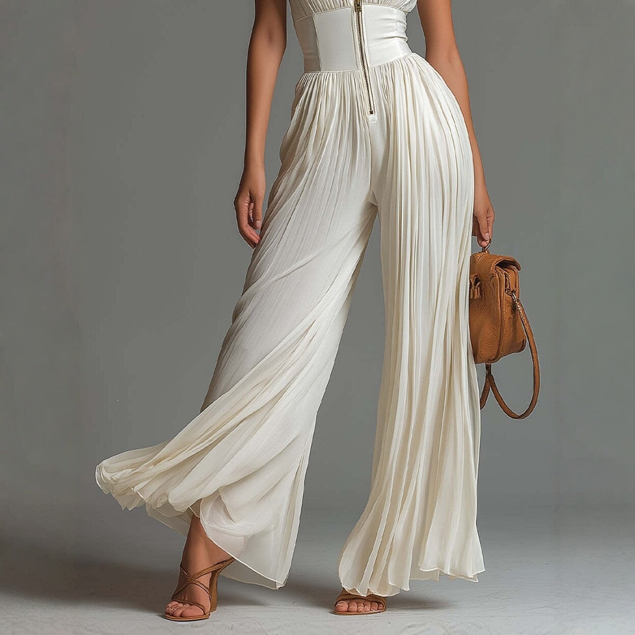White Sleeveless Chiffon Jumpsuit with V-Neck, Zip Fastening and Pleated Wide-Leg Trousers