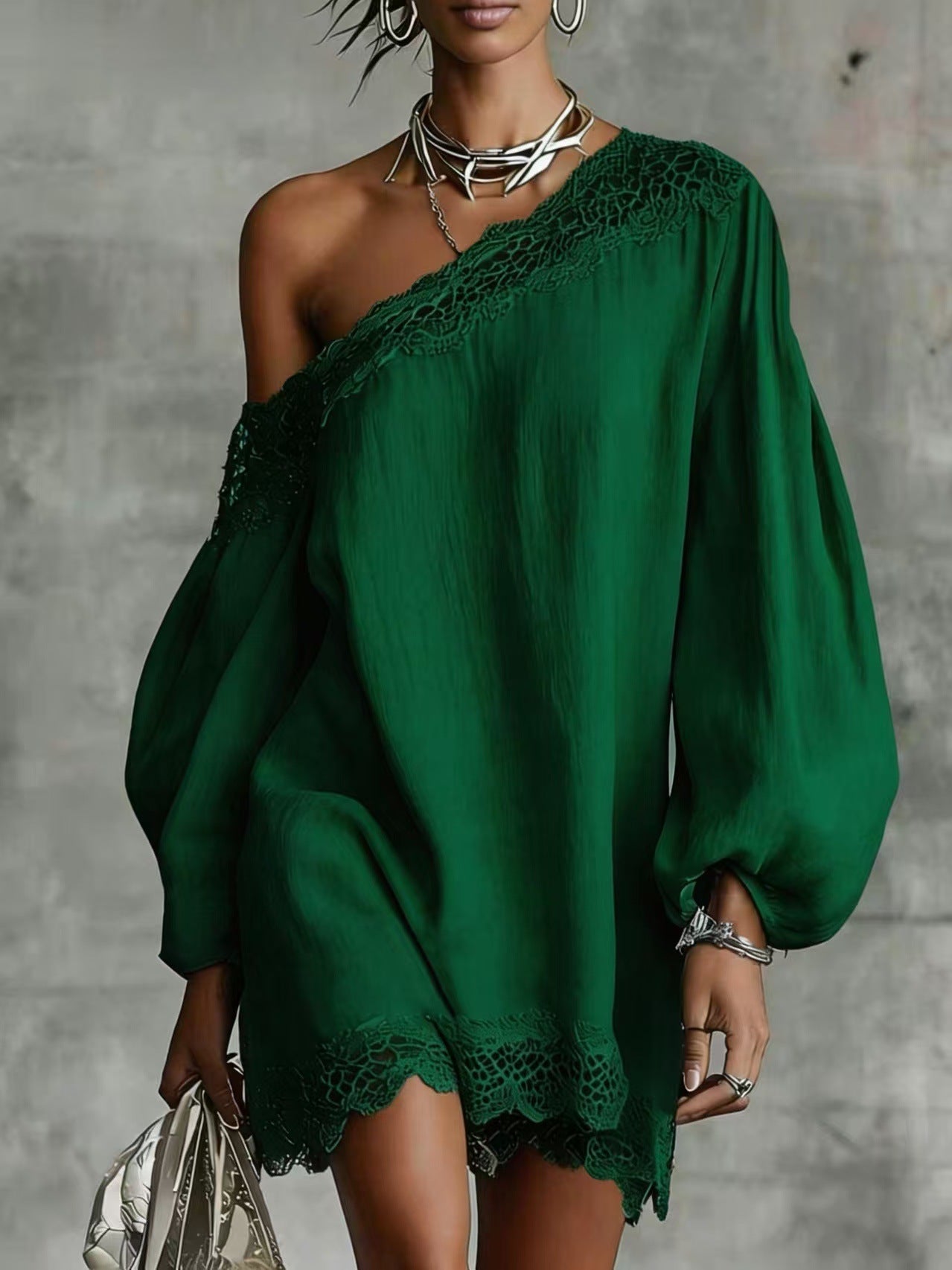 Casual Off-the-Shoulder Dress with Lace Details and Long Sleeves