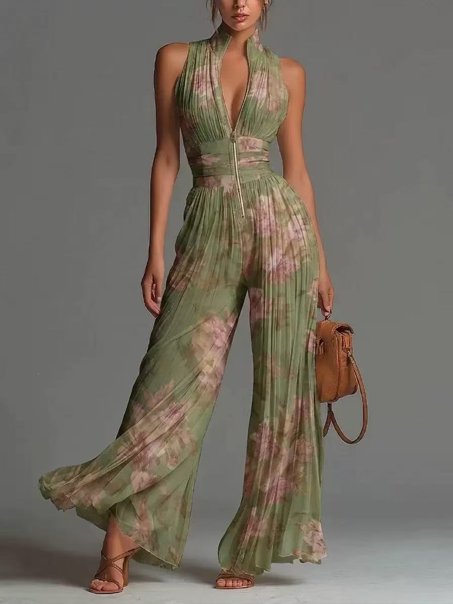 White Sleeveless Chiffon Jumpsuit with V-Neck, Zip Fastening and Pleated Wide-Leg Trousers
