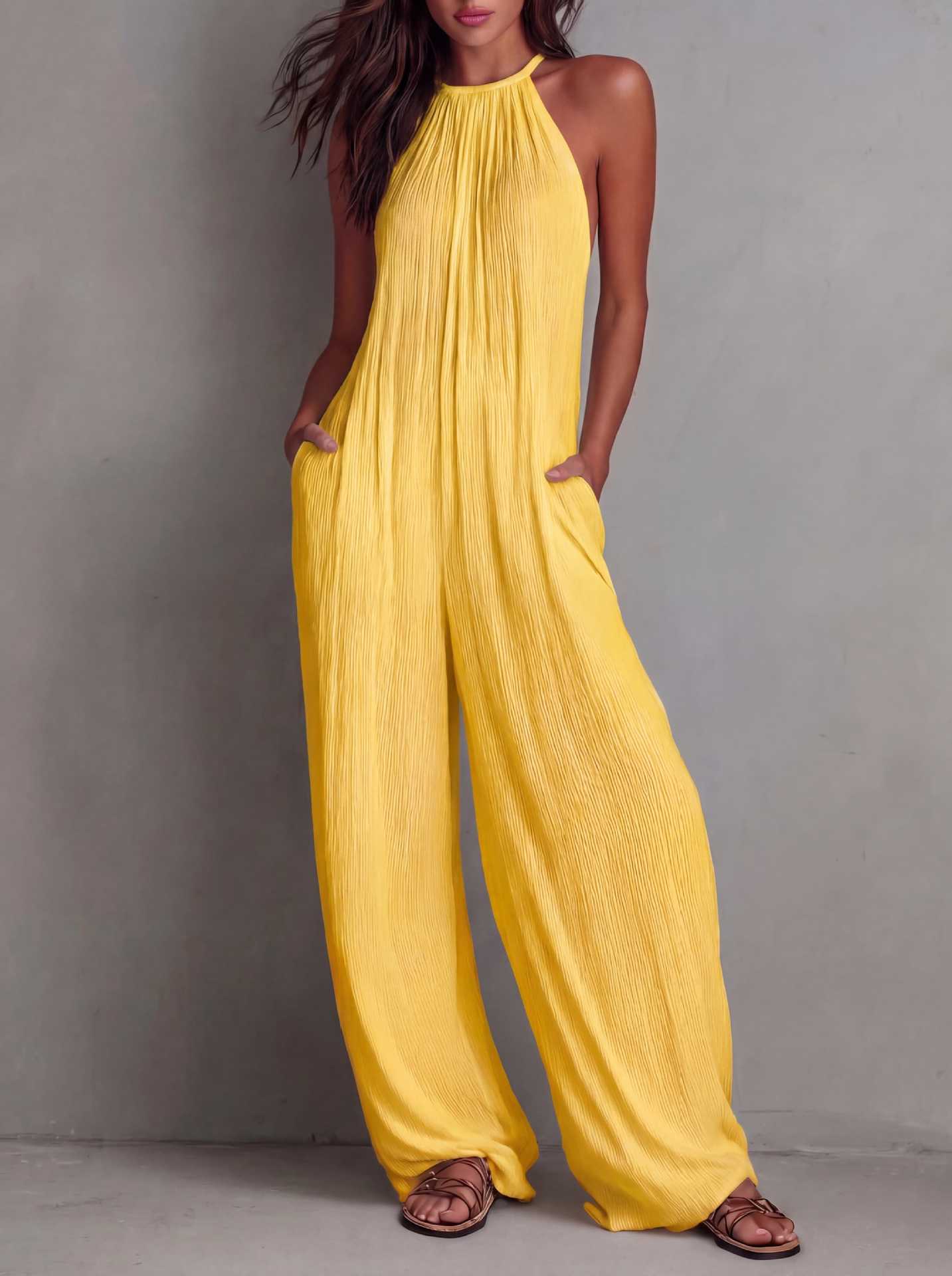 Pleated Resort-Style Jumpsuit with Open Back and Wide-Leg Trousers