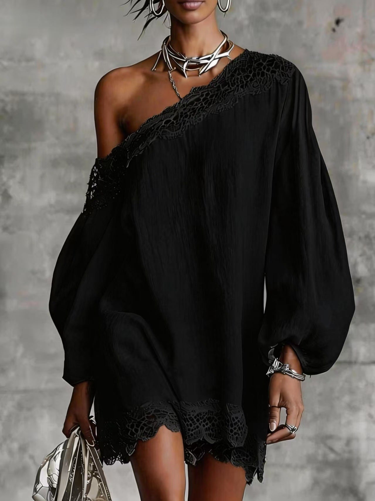 Casual Off-the-Shoulder Dress with Lace Details and Long Sleeves