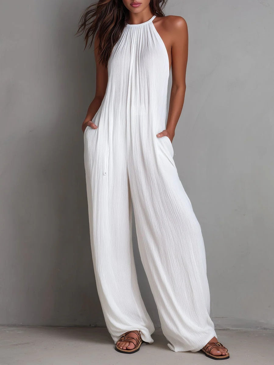 Pleated Resort-Style Jumpsuit with Open Back and Wide-Leg Trousers