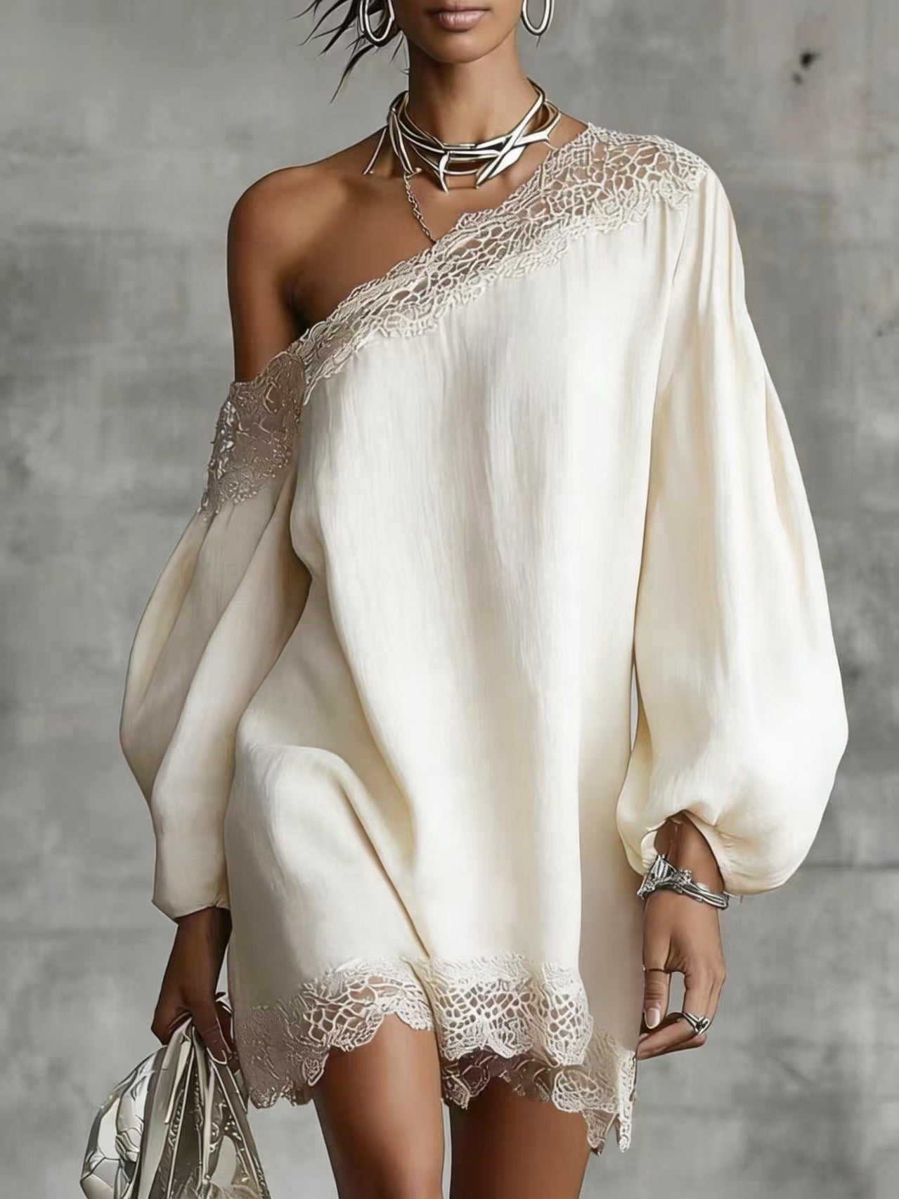 Casual Off-the-Shoulder Dress with Lace Details and Long Sleeves