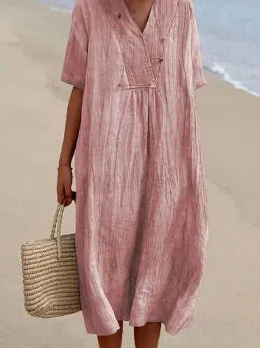 Sandra – Casual linen-textured dress with V-neckline