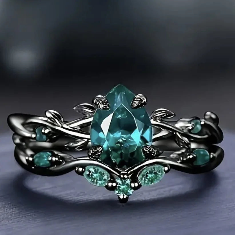 Black Ring with Inlaid with Ocean Green Stones