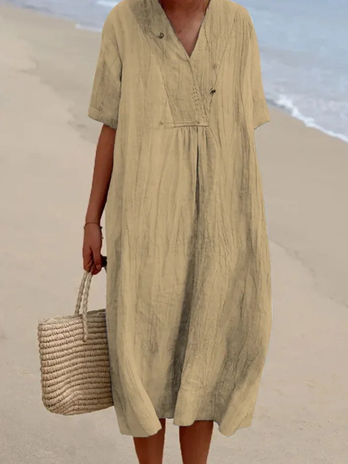 Sandra – Casual linen-textured dress with V-neckline