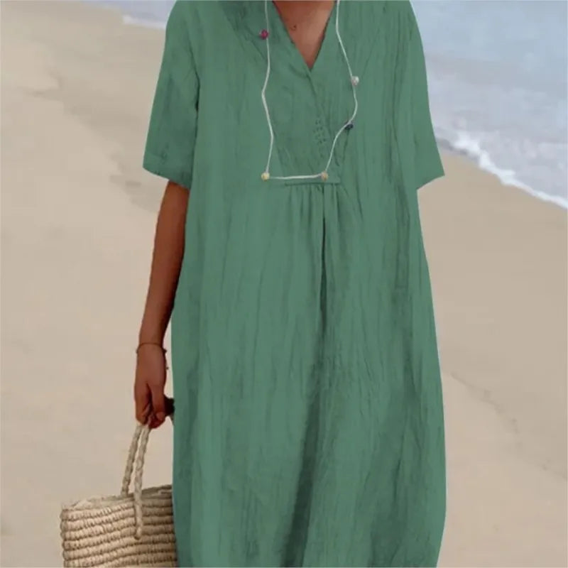 Sandra – Casual linen-textured dress with V-neckline
