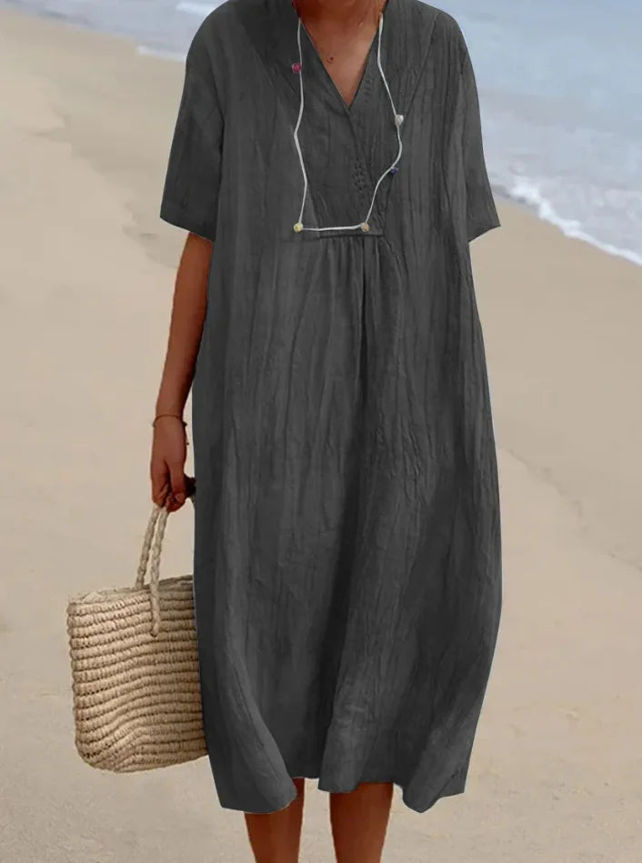 Sandra – Casual linen-textured dress with V-neckline