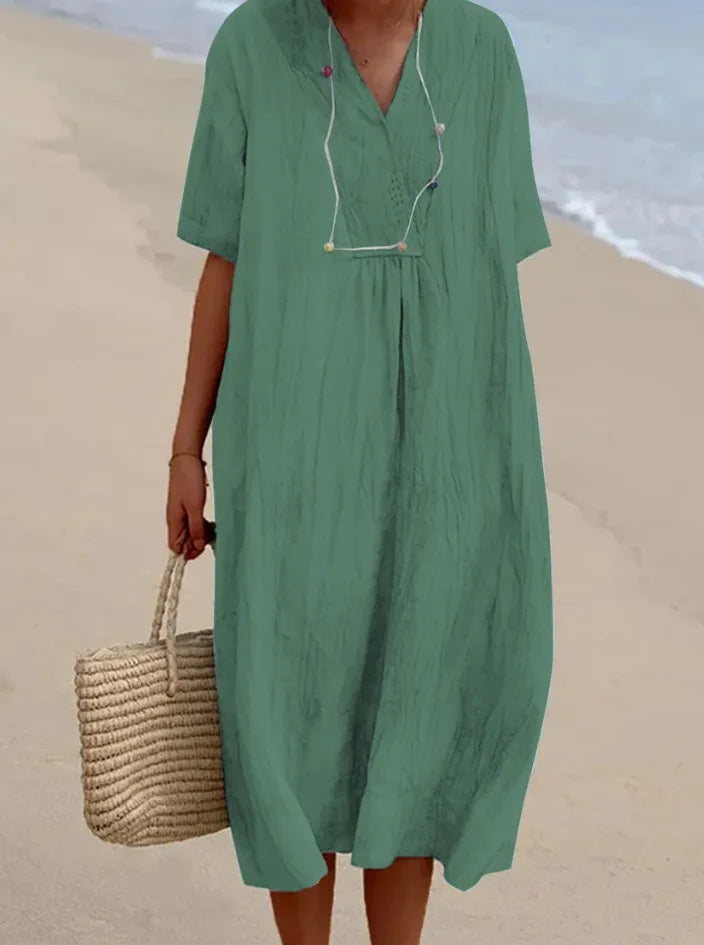 Sandra – Casual linen-textured dress with V-neckline