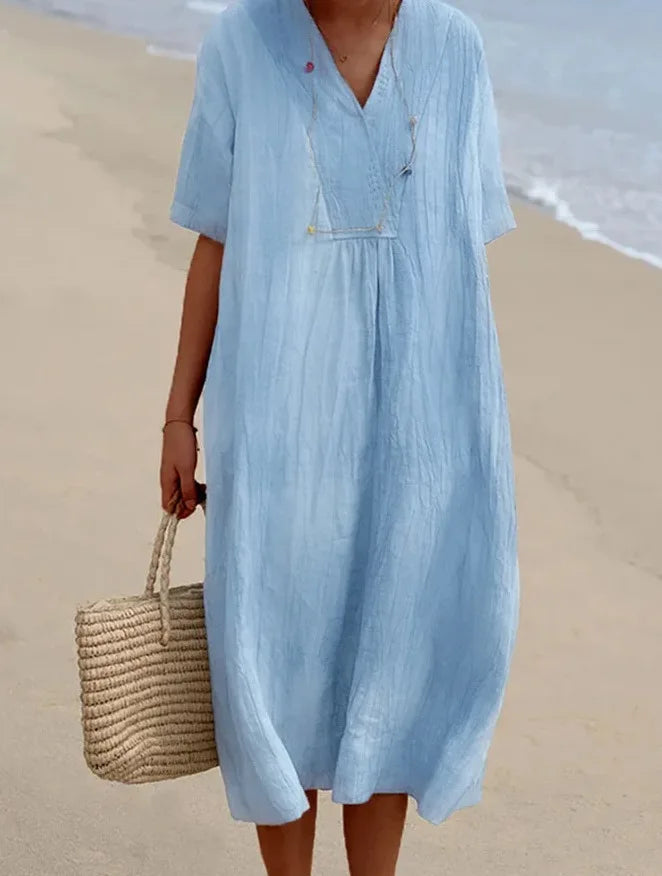 Sandra – Casual linen-textured dress with V-neckline