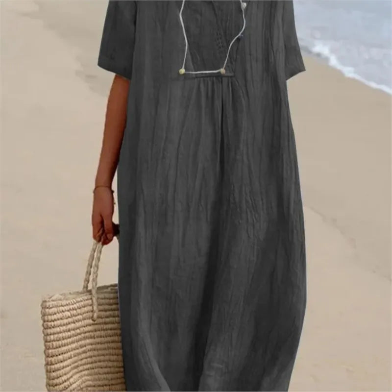 Sandra – Casual linen-textured dress with V-neckline