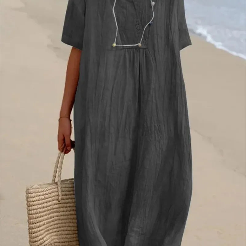 Sandra – Casual linen-textured dress with V-neckline