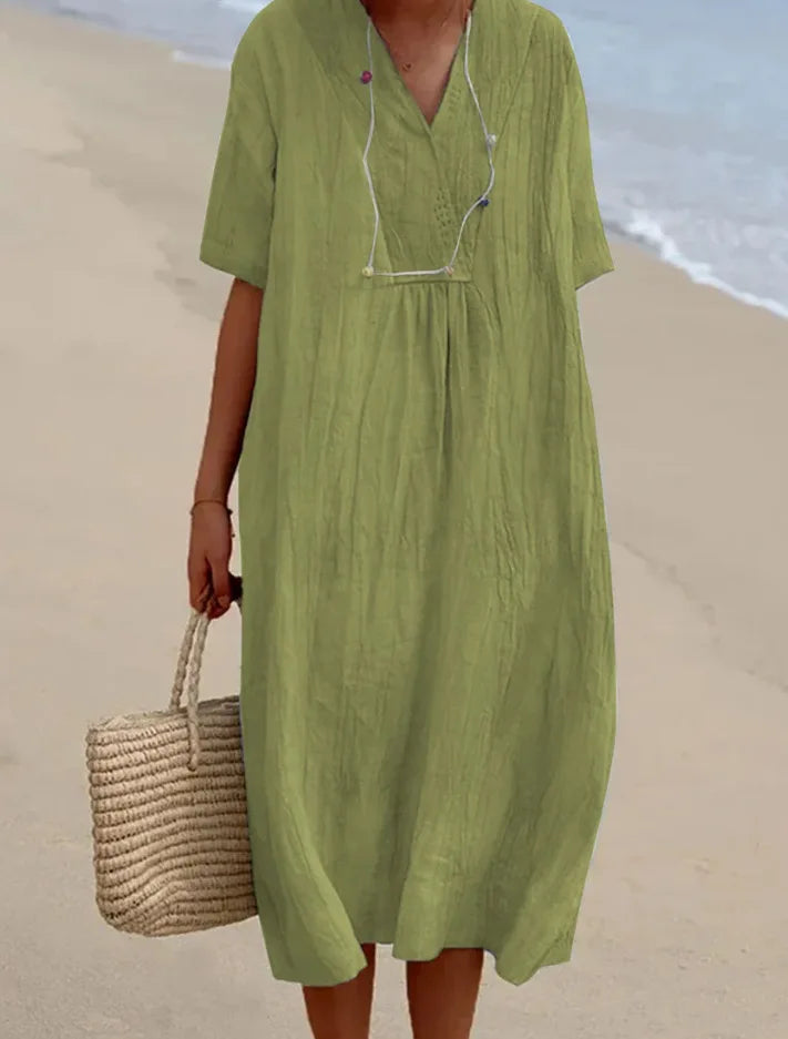 Sandra – Casual linen-textured dress with V-neckline