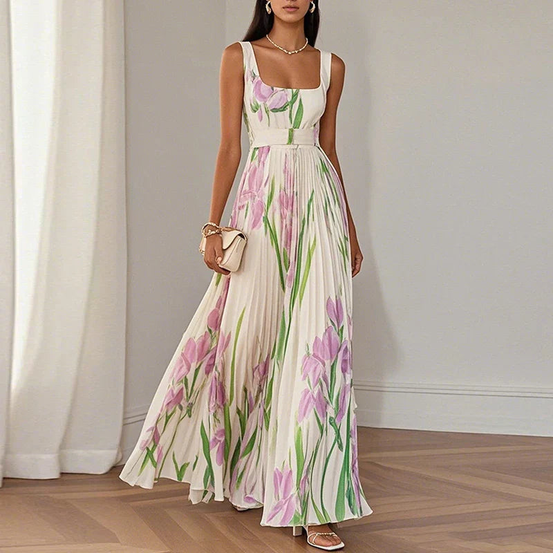 LYRA | Elegant Floral Maxi Dress with a Flattering Pleated Silhouette
