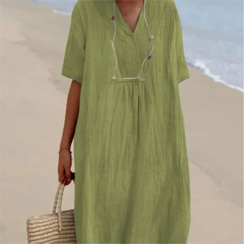 Sandra – Casual linen-textured dress with V-neckline