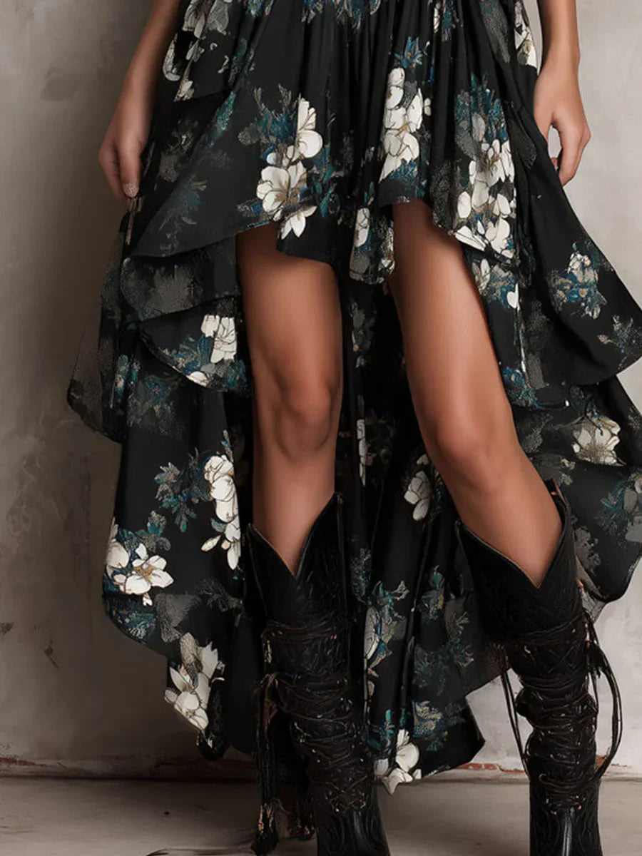 Black Strapless Boho Maxi Dress with Floral Print and Asymmetrical Hem