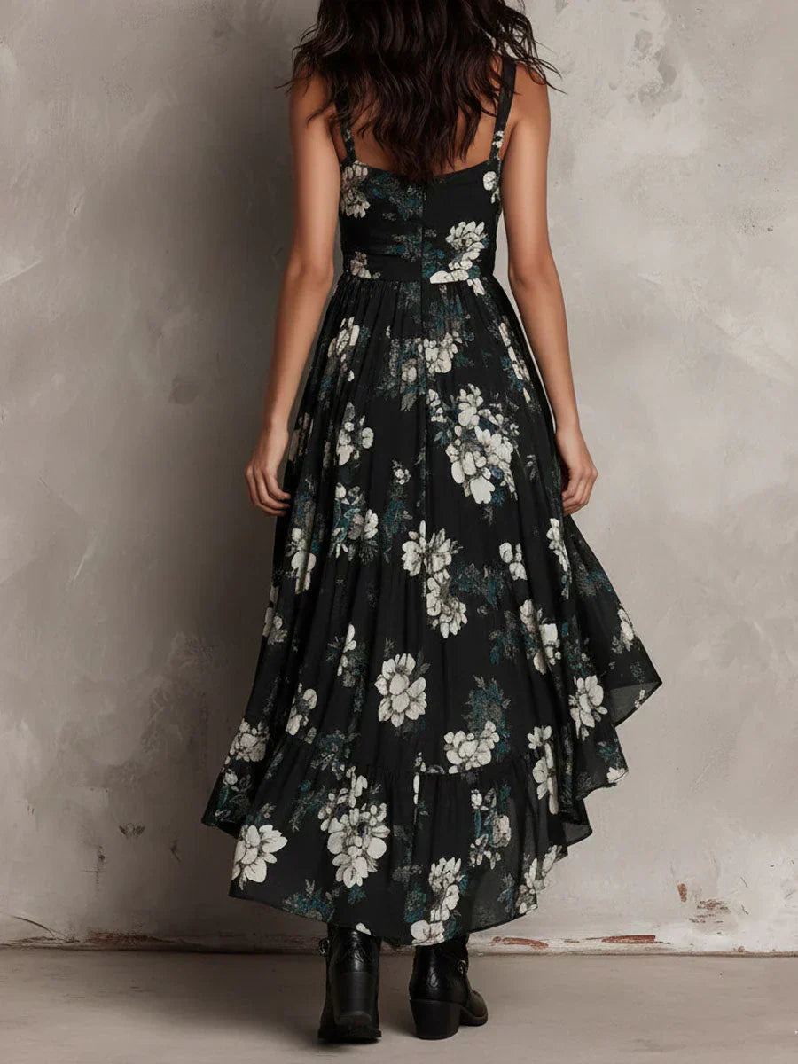 Black Strapless Boho Maxi Dress with Floral Print and Asymmetrical Hem