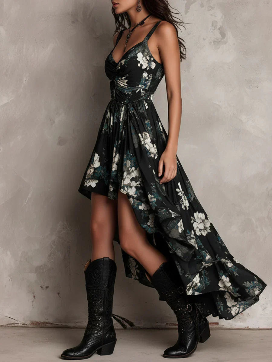 Black Strapless Boho Maxi Dress with Floral Print and Asymmetrical Hem