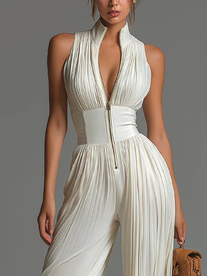 White Sleeveless Chiffon Jumpsuit with V-Neck, Zip Fastening and Pleated Wide-Leg Trousers