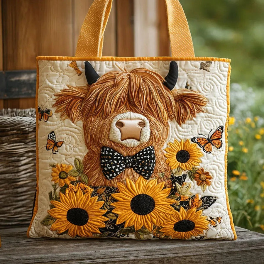Highland Cow Sunflower Butterfly Quilted Tote Bag