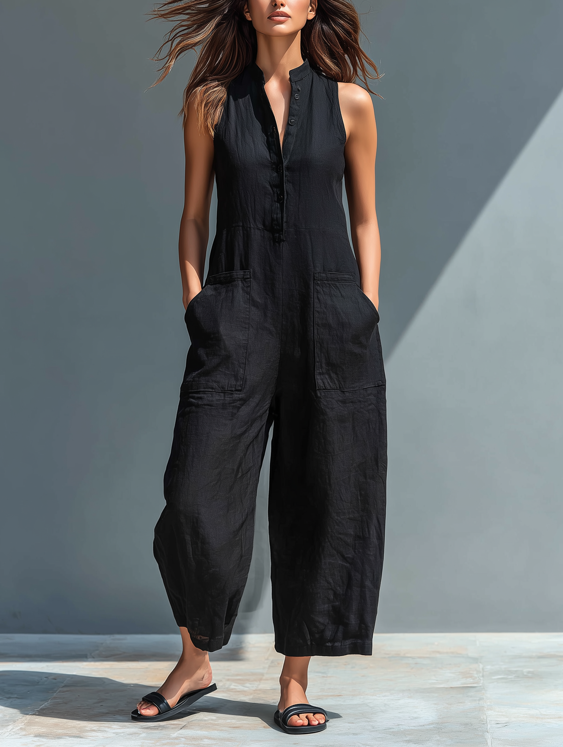 Sleeveless linen dungarees