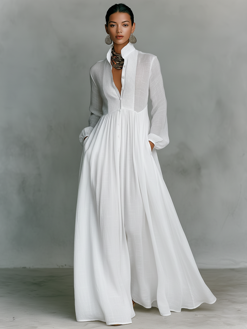 Patchwork Maxi Dress with Stand Collar