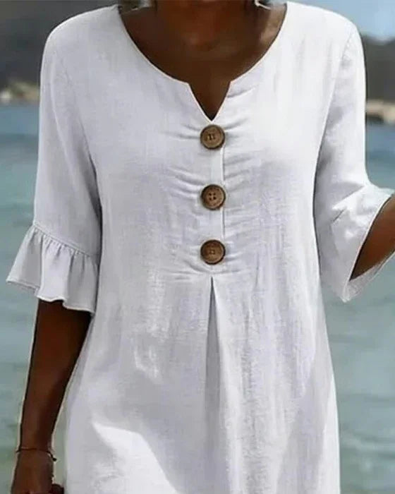 Vanesa™ – Linen-textured dress with puff sleeves and buttons