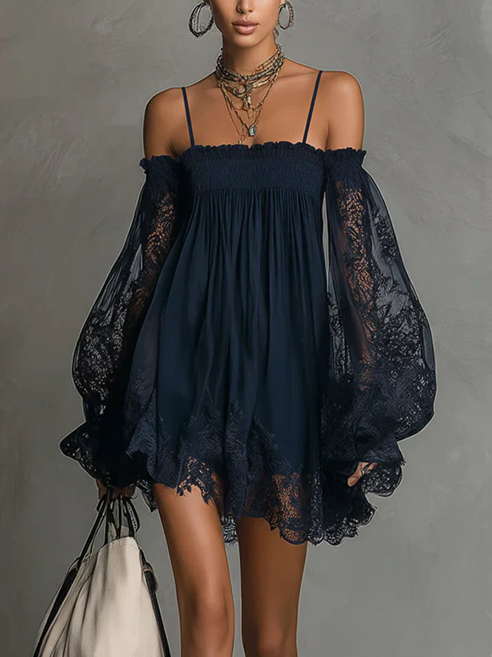 Short Chiffon Dress with Off-the-Shoulder Neckline, Lace Details and Sheer Sleeves
