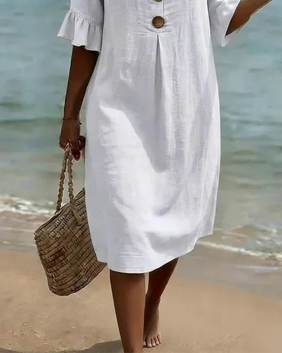 Vanesa™ – Linen-textured dress with puff sleeves and buttons