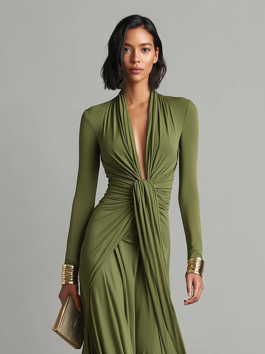 Olive silk V-neck maxi dress