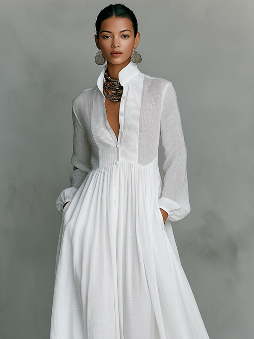 Patchwork Maxi Dress with Stand Collar