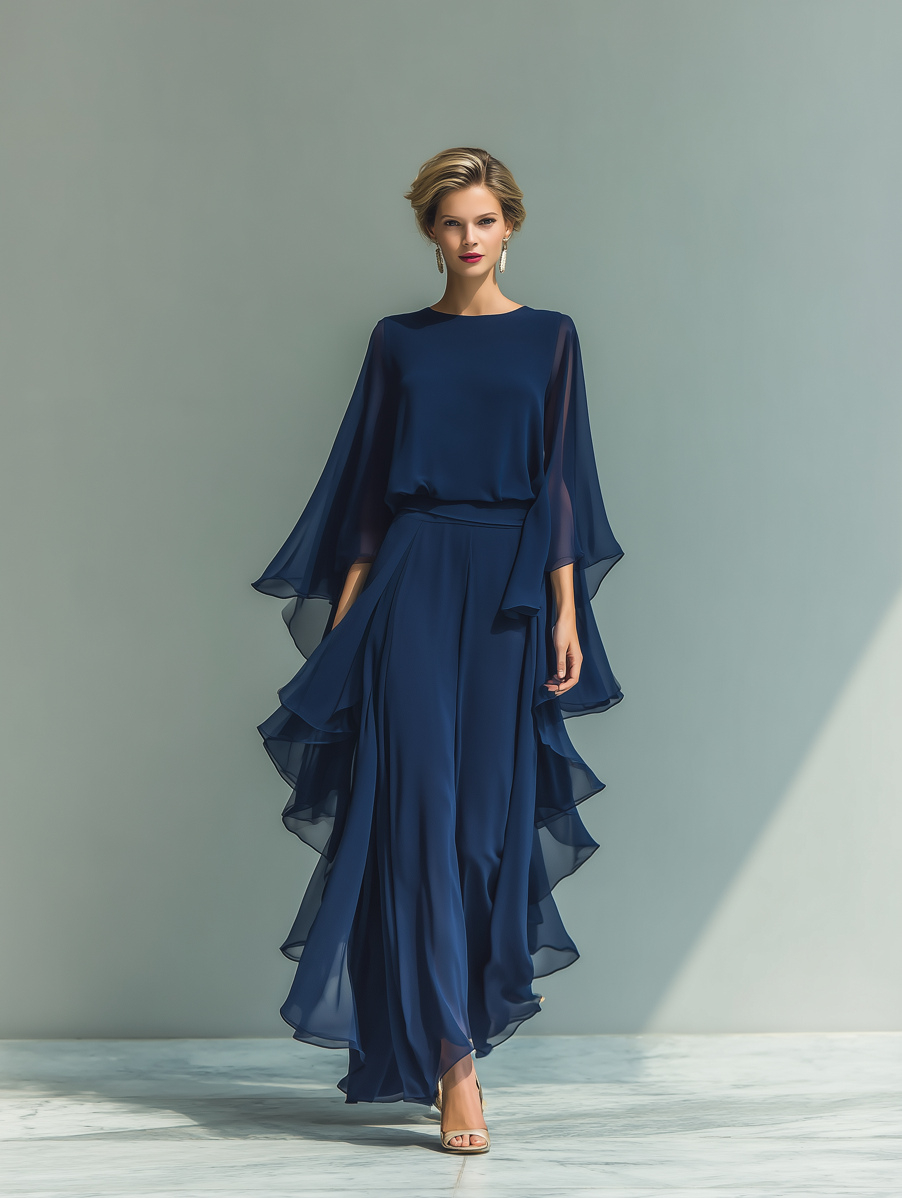 Navy Blue Chiffon Top Set with Flared Sleeves and Straight-Leg Trousers with Ruched Details