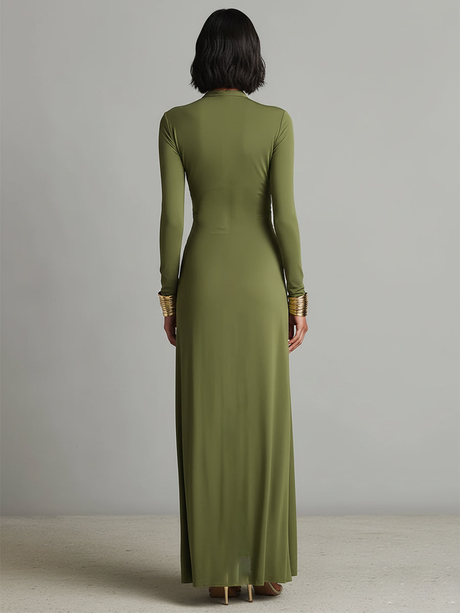 Olive silk V-neck maxi dress