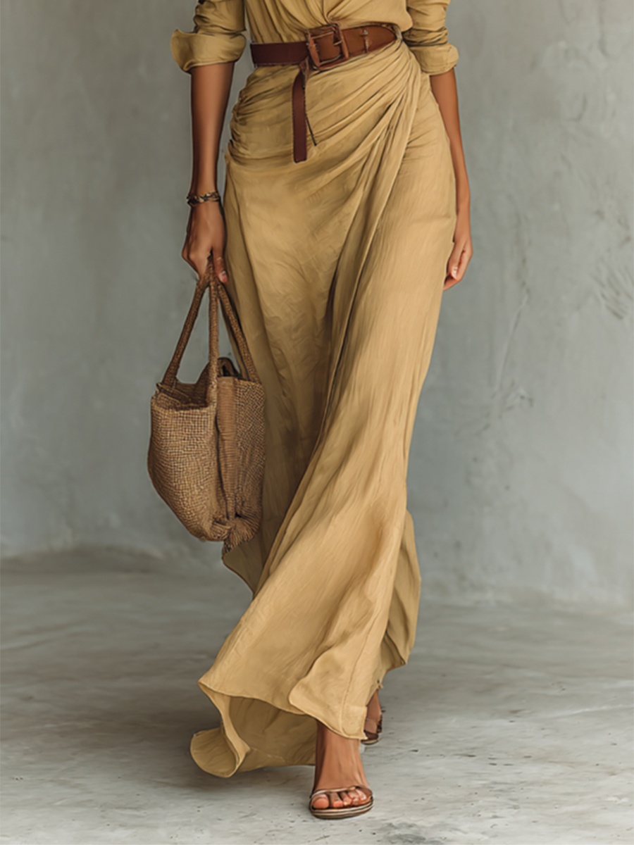 Long-sleeve maxi dress with revere collar