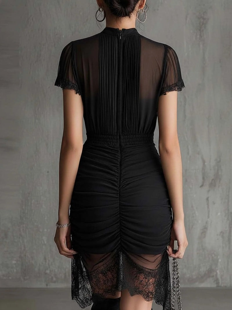 Black Chiffon Mini Dress with a Pleated Waist and Lace Trim
