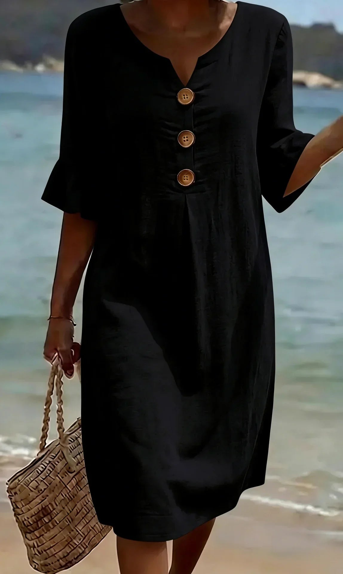 Vanesa™ – Linen-textured dress with puff sleeves and buttons