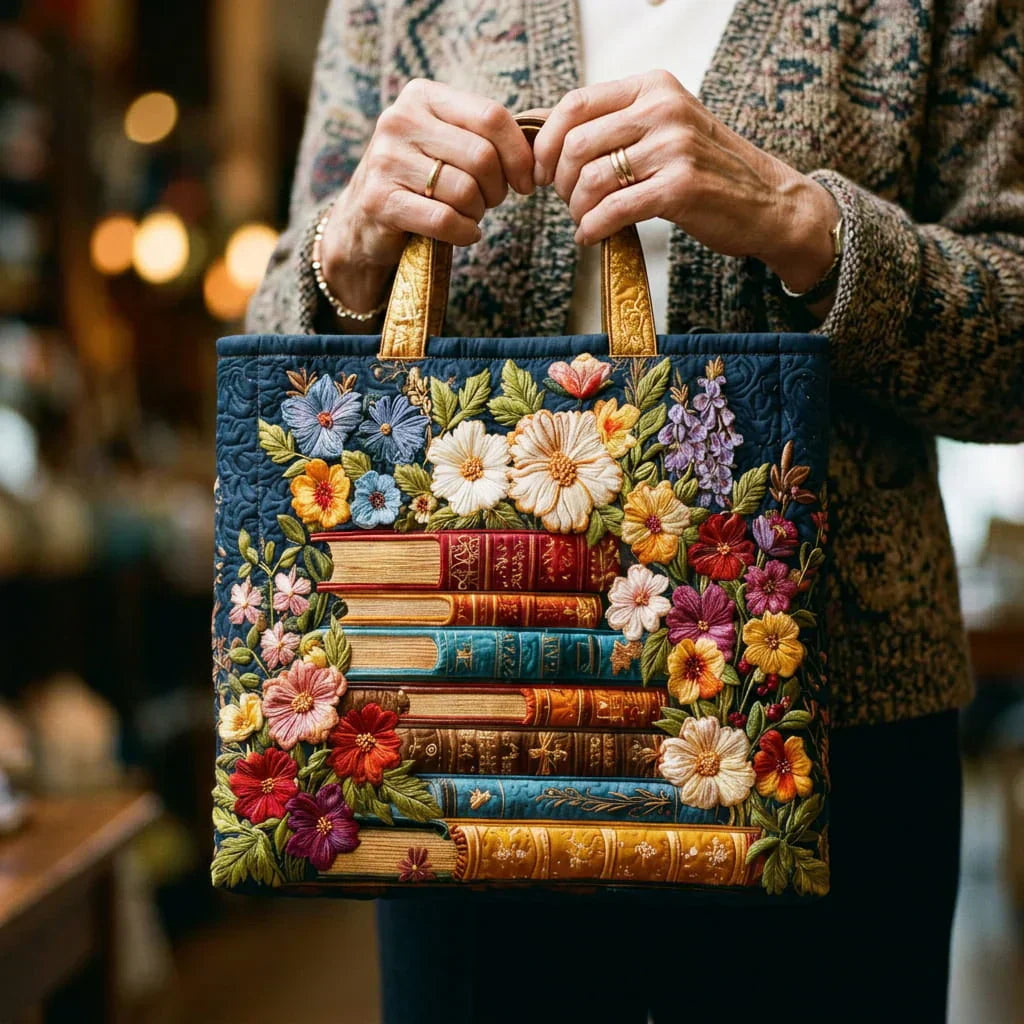 Handcrafted Tote Bag - Floral Print with Books