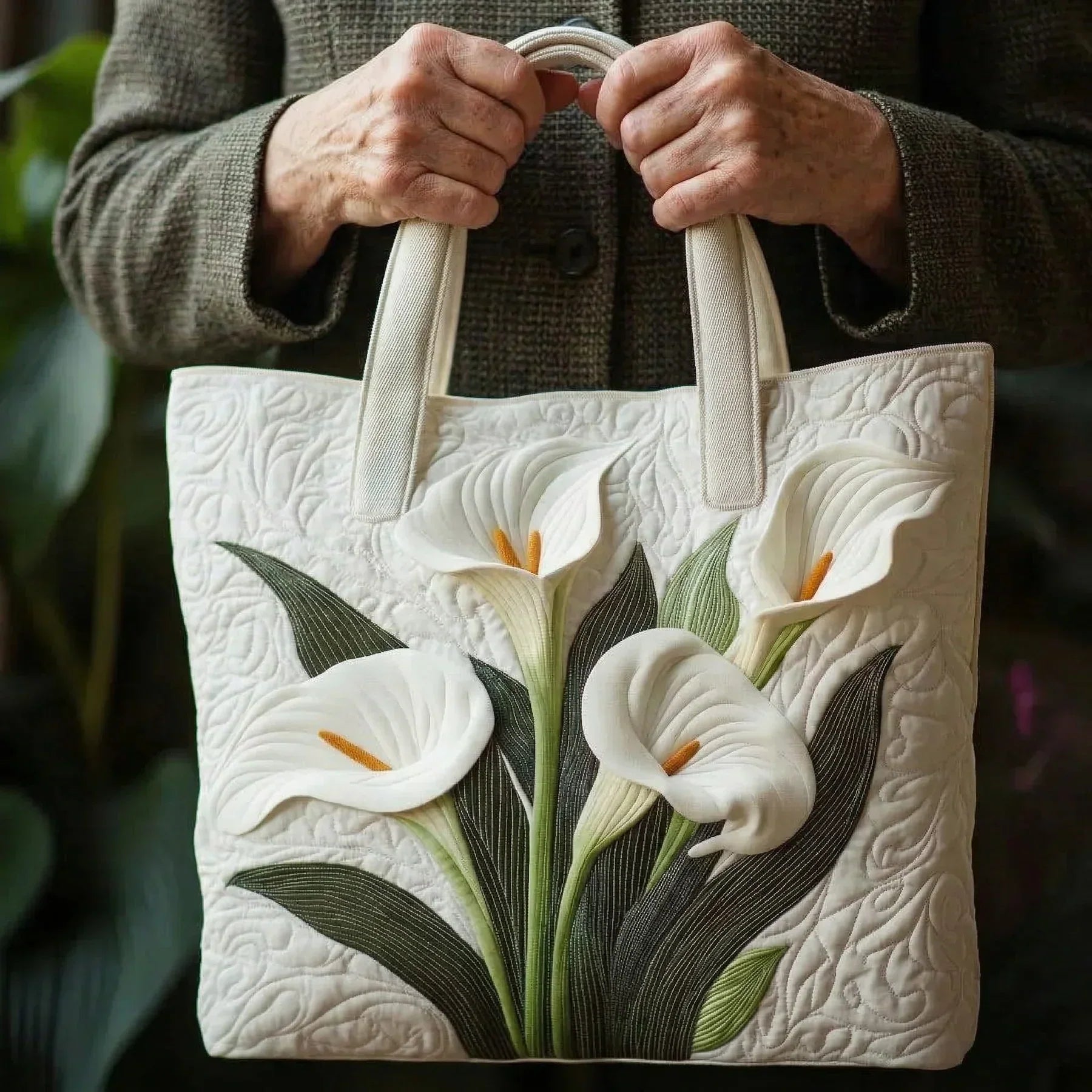 Handcrafted Quilted Bag - White Lilies