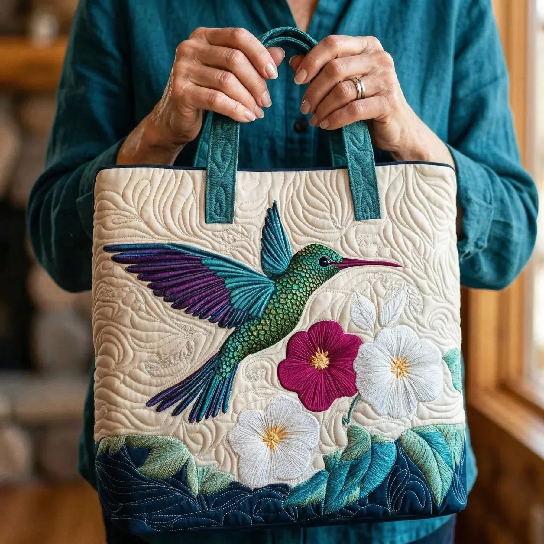 Quilted Bag - Hummingbird with White Flower
